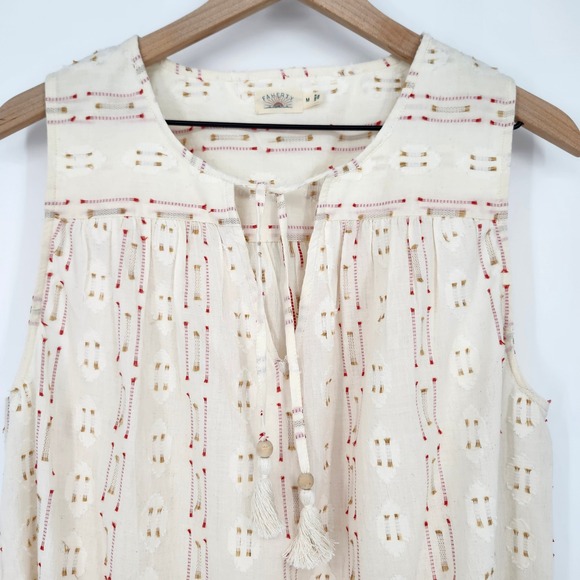Faherty Sunburst Dobby Skyler Blouse Womens Medium Earthy Whimsy Dainty Tassel - Picture 3 of 10